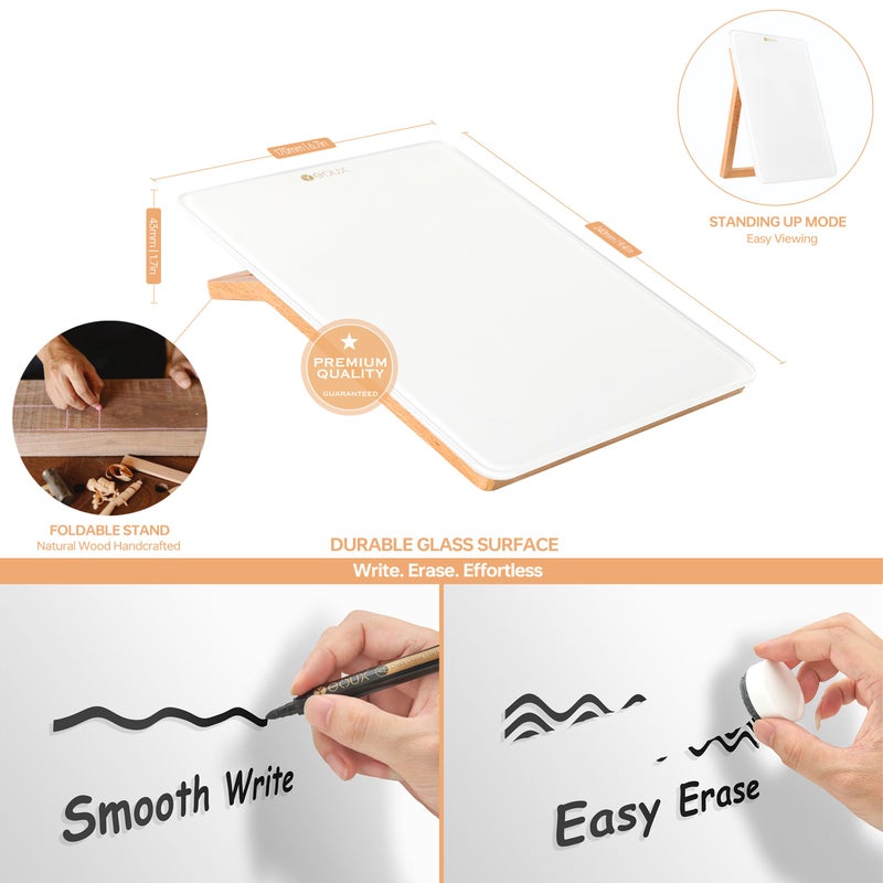 YEOUX Desktop Glass Whiteboard with Reversible Wood Stand  Small White Board  Mini Dry Erase Whiteboard Easel for Desk  Reusable Desk Notepad 9.5""x6.7"" for Home  Office  Accessories Included  Yeoux - Image 3